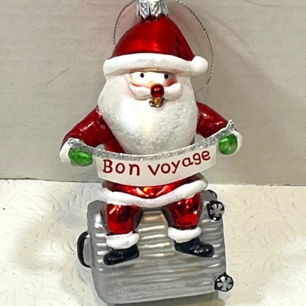 Bon Voyage Travel Christmas Santa Suitcase Glass Glitter Ornament 5"🎄